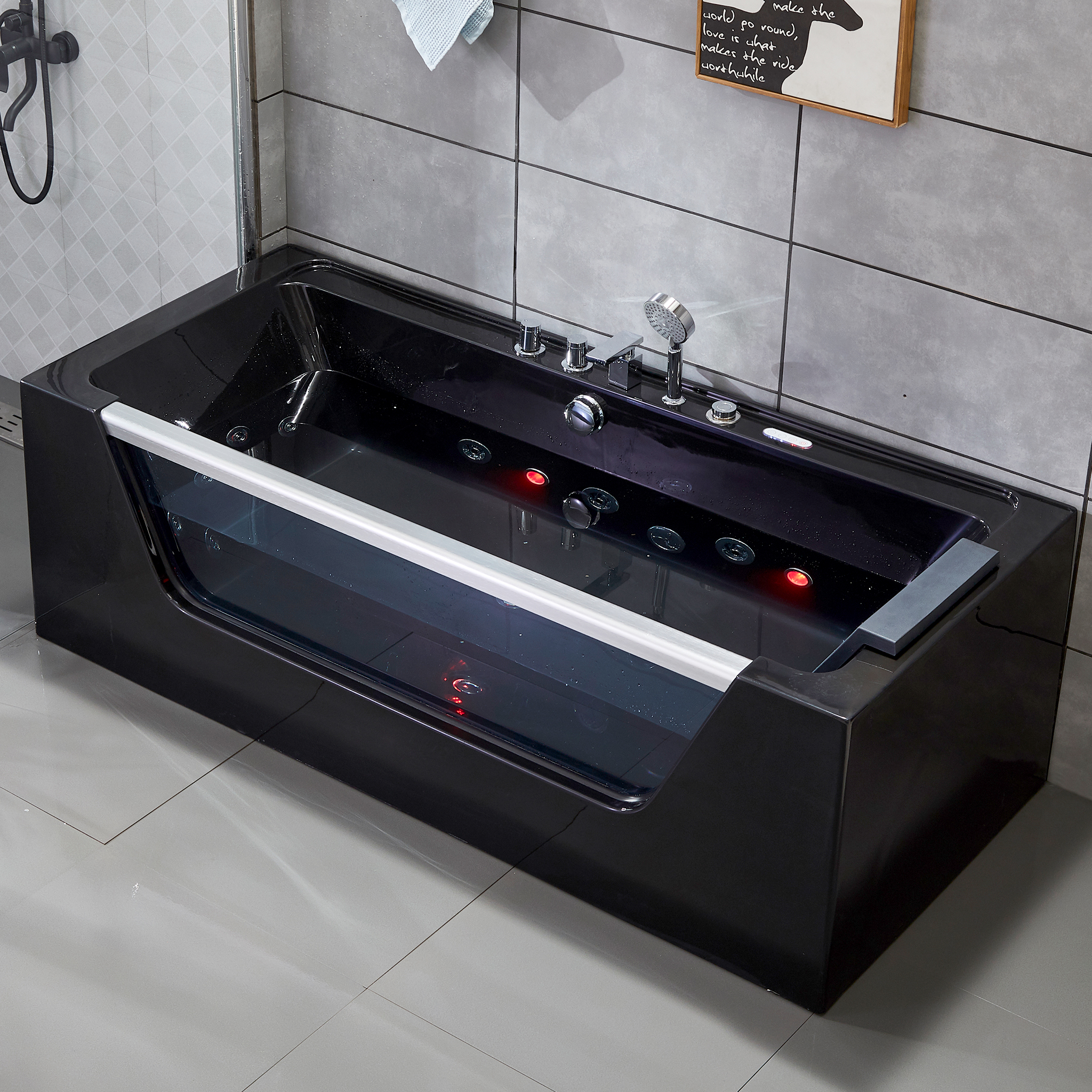 Svart bubbelbadkar | Glasfront, värmare & ljusterapi | 180cm | BK-009V Svart bubbelbadkar | Glasfront, värmare & ljusterapi | 180cm | BK-009V