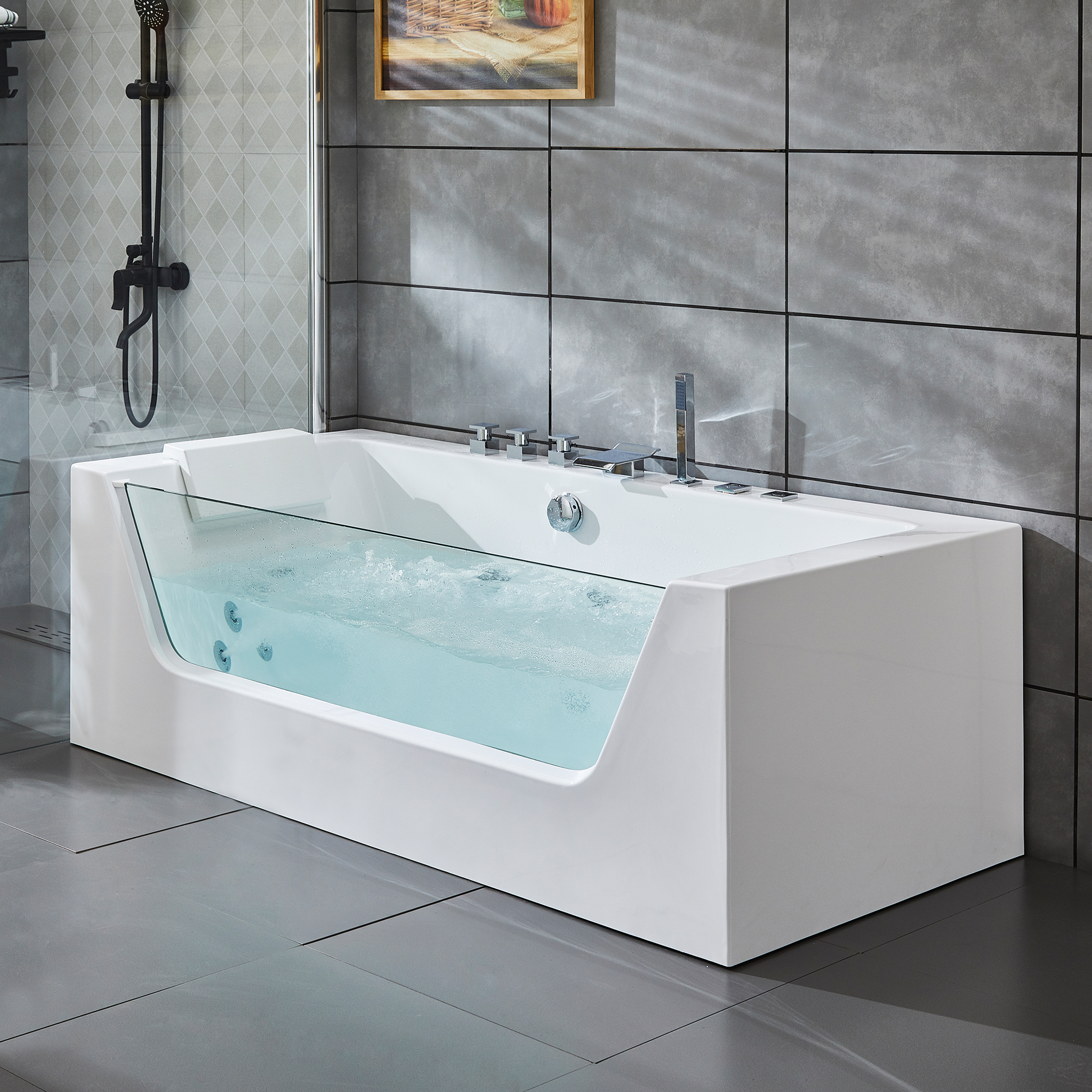 Bubbelbadkar med glasfront 170x80cm | Ergonomisk nackkudde | BK-019 Bubbelbadkar med glasfront 170x80cm | Ergonomisk nackkudde | BK-019