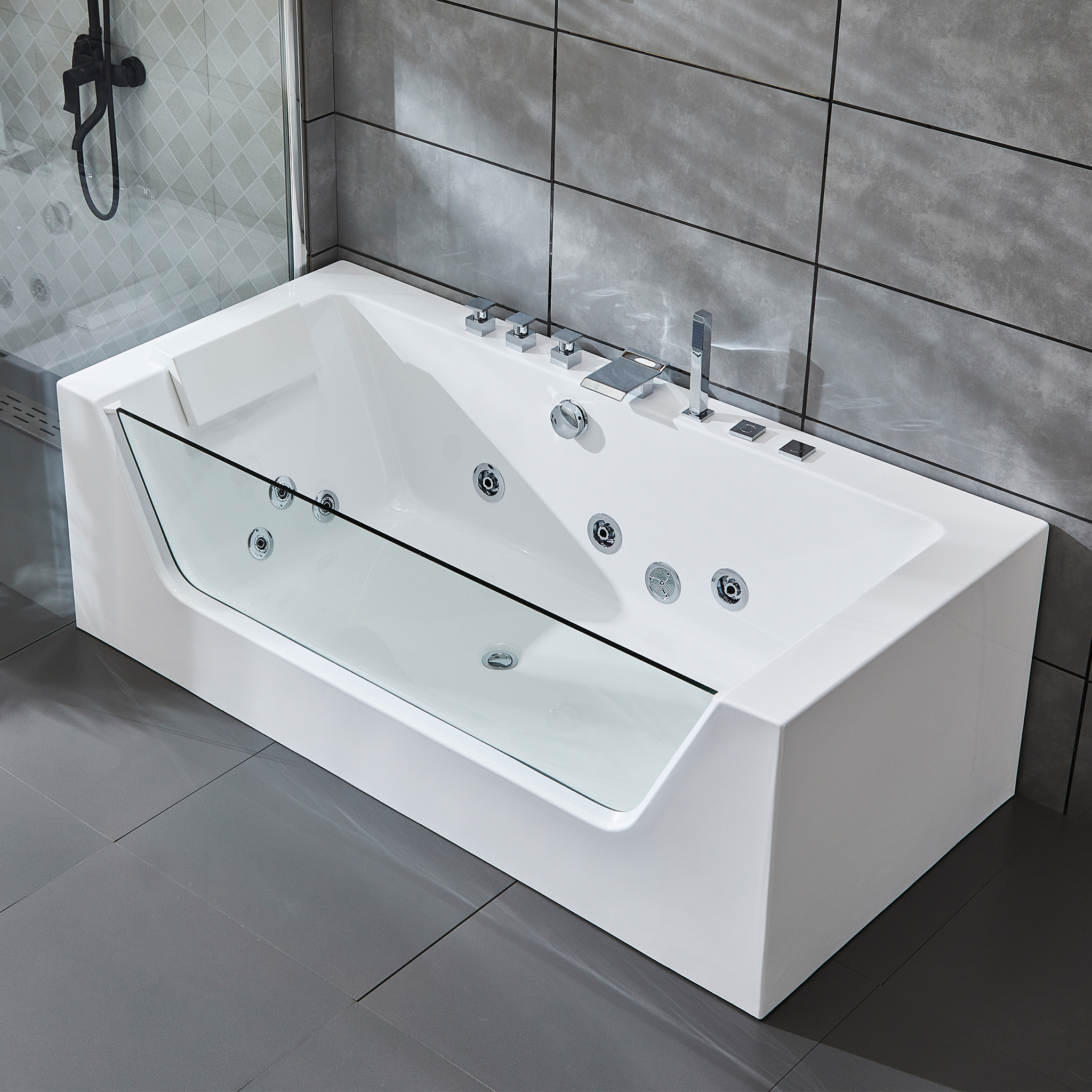 Bubbelbadkar med glasfront 170x80cm | Ergonomisk nackkudde | BK-019 Bubbelbadkar med glasfront 170x80cm | Ergonomisk nackkudde | BK-019