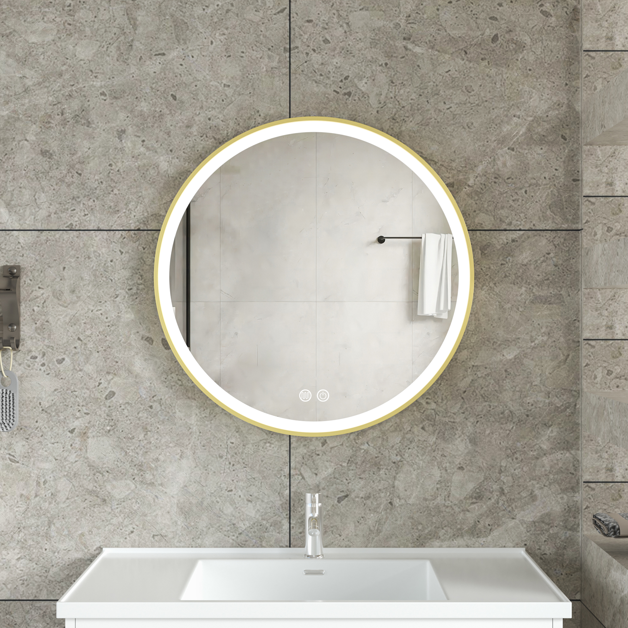 Stilren LED-spegel | 60x60 cm | Guldaluminiumram | Anti-fog & touch-styrning Stilren LED-spegel | 60x60 cm | Guldaluminiumram | Anti-fog & touch-styrning