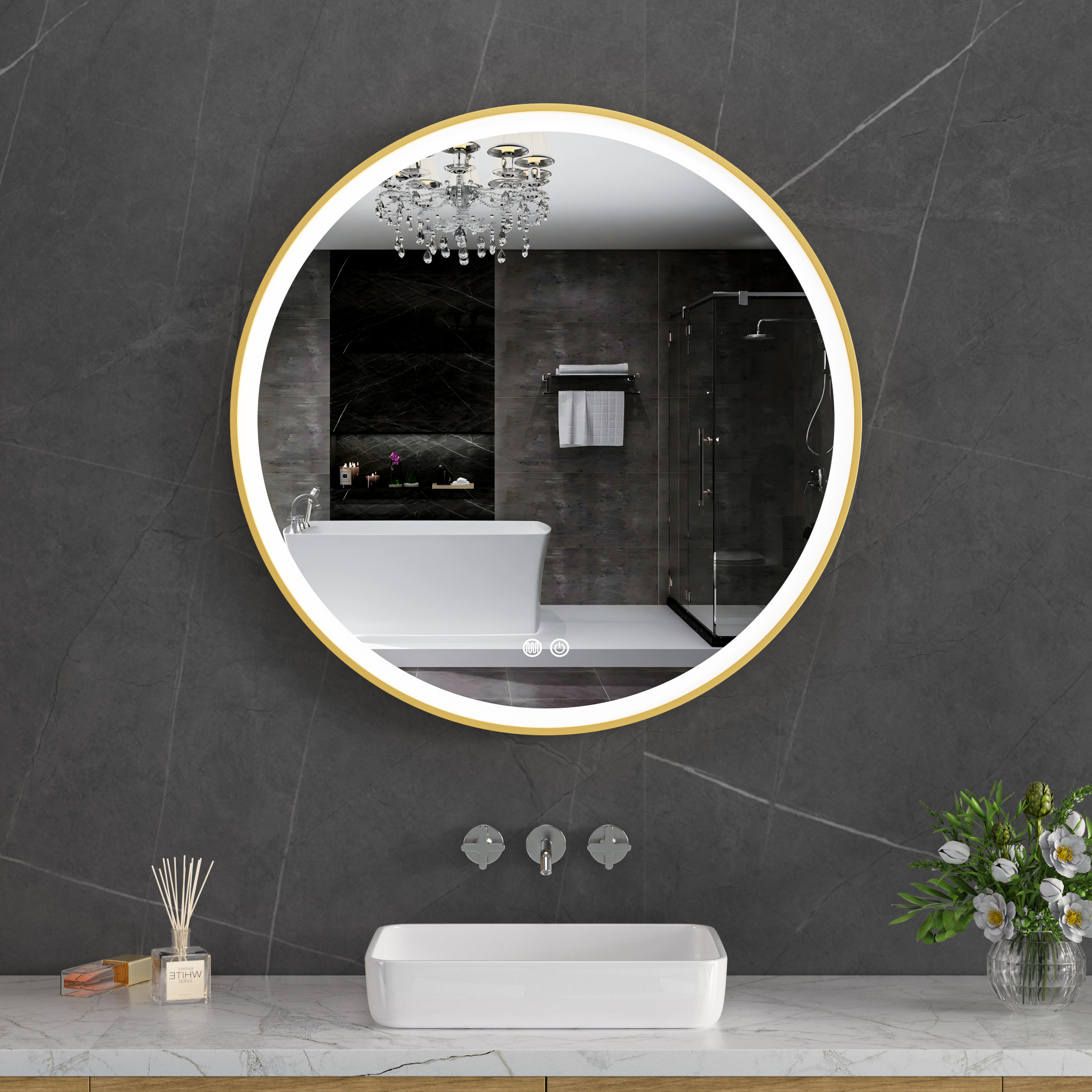 Stilren LED-spegel 80x80cm | Guldaluminiumram| Anti-fog & touch-styrning Stilren LED-spegel 80x80cm | Guldaluminiumram| Anti-fog & touch-styrning