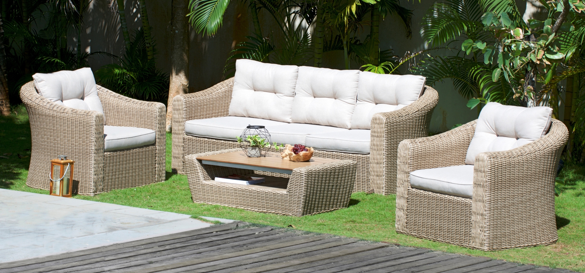 Utem�belgrupp 3-sits soffa & f�t�ljer | Natur konstrotting & aluminium | Saint Tropez