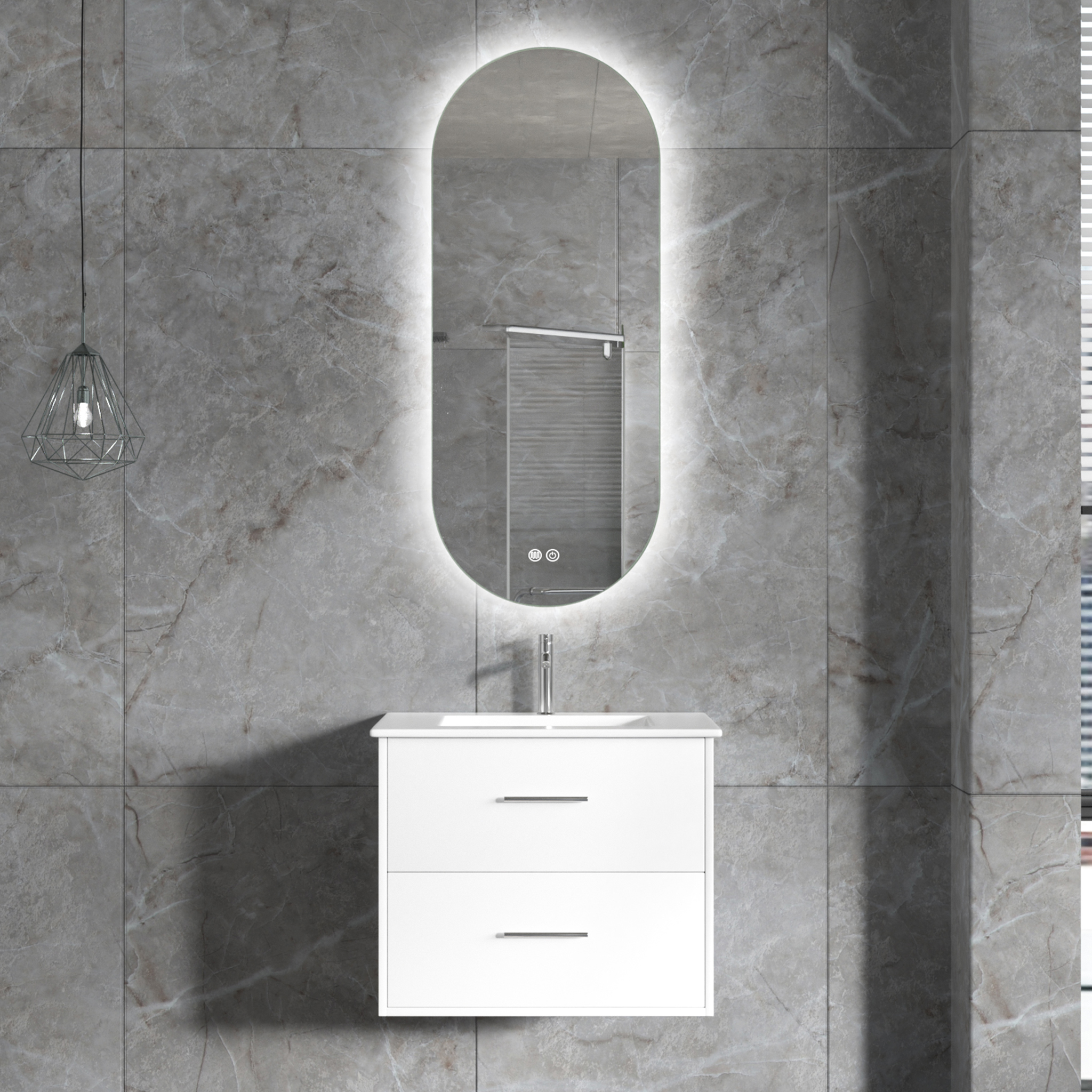 Badrumsmöbel | Oval LED-spegel | Kommod med blandare | Nimbo Badrumsmöbel | Oval LED-spegel | Kommod med blandare | Nimbo