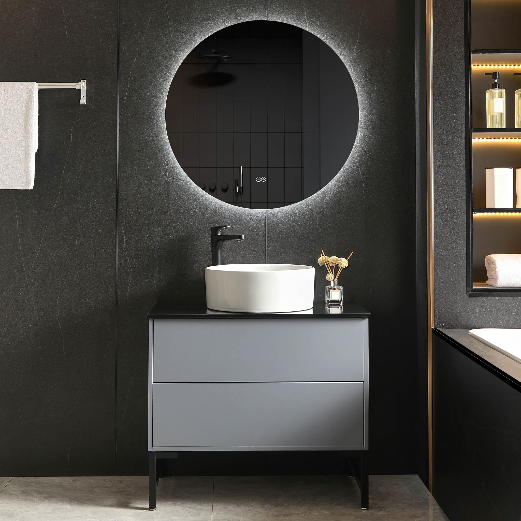 Badrumsm�bel 80cm | Svart glasb�nkskiva | LED-spegel | Cavum