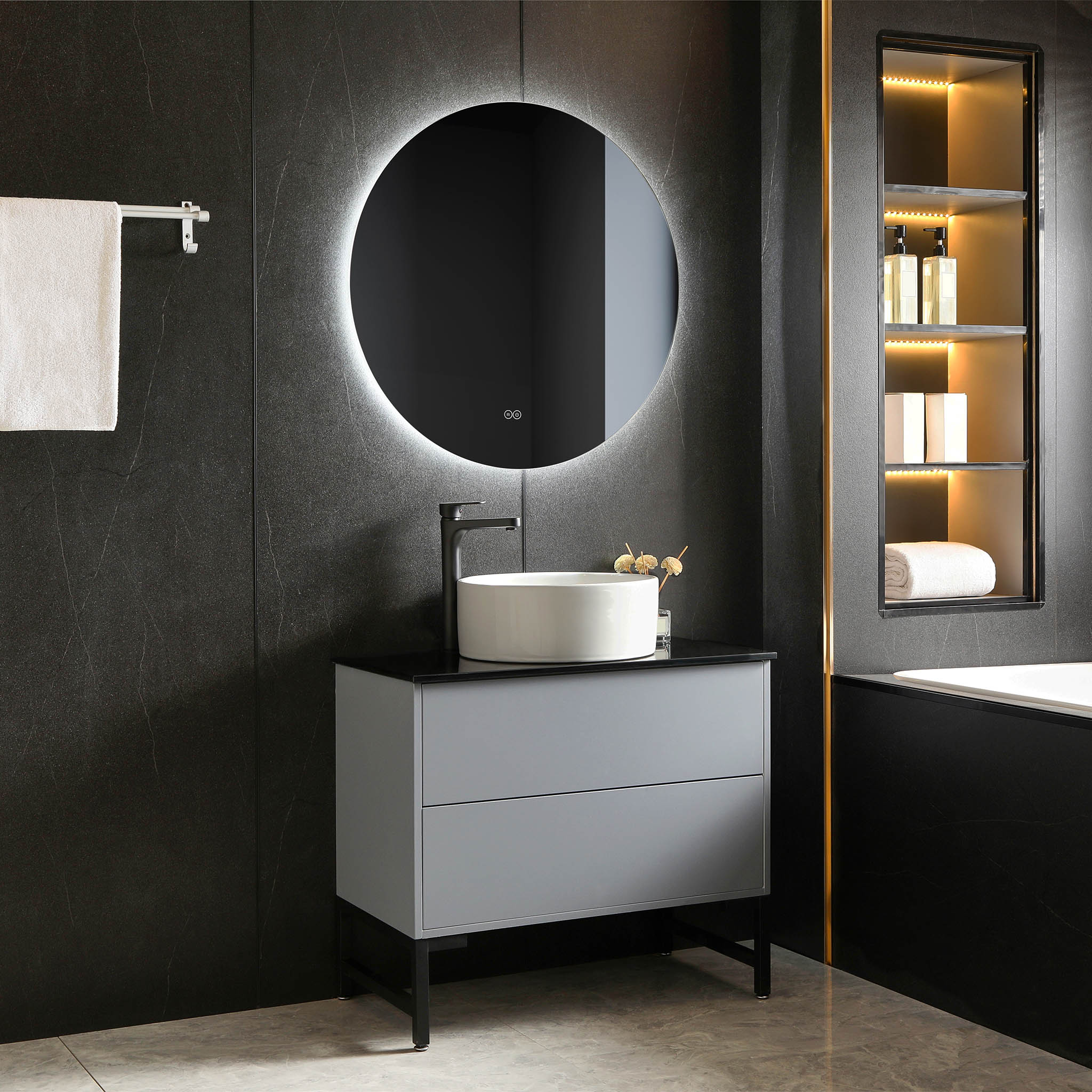 Badrumsm�bel 80cm | Svart glasb�nkskiva | LED-spegel | Cavum