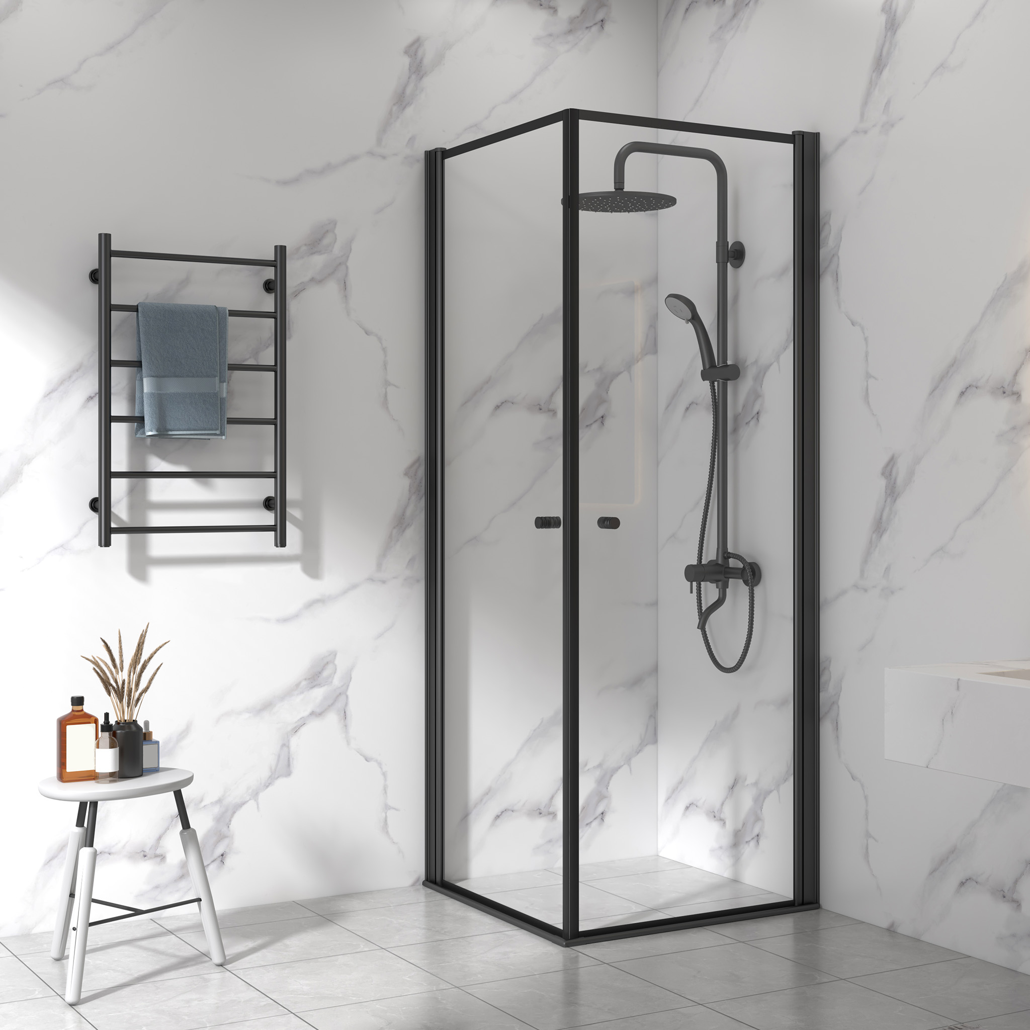 Duschhörna med svart ram | Aluminium och säkerhetsglas Duschhörna med svart ram | Aluminium och säkerhetsglas