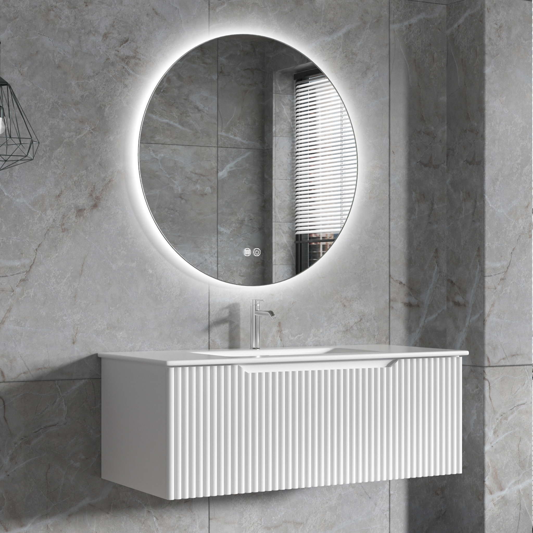 Badrumspaket | Kommod 101cm | Rund LED-spegel | Tuba - Vit Badrumspaket | Kommod 101cm | Rund LED-spegel | Tuba - Vit