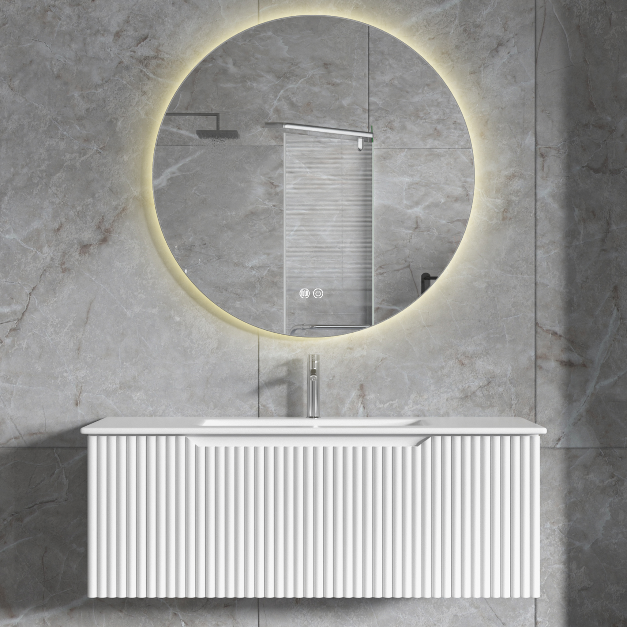 Badrumspaket | Kommod 101cm | Rund LED-spegel | Tuba - Vit Badrumspaket | Kommod 101cm | Rund LED-spegel | Tuba - Vit