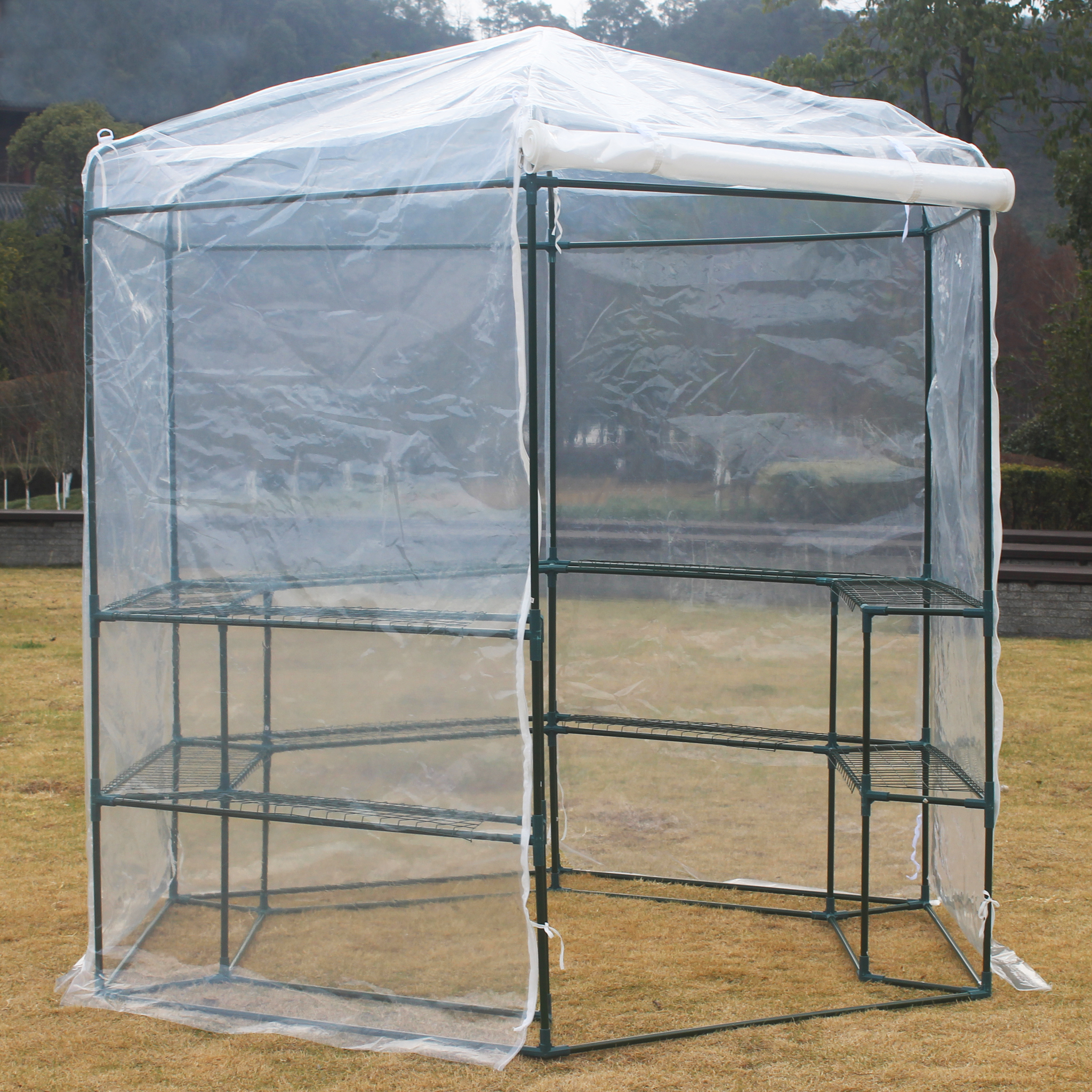 Sexkantigt plastväxthus 3,8m² | Stålram | Transparent PE-plastöverdrag Sexkantigt plastväxthus 3,8m² | Stålram | Transparent PE-plastöverdrag