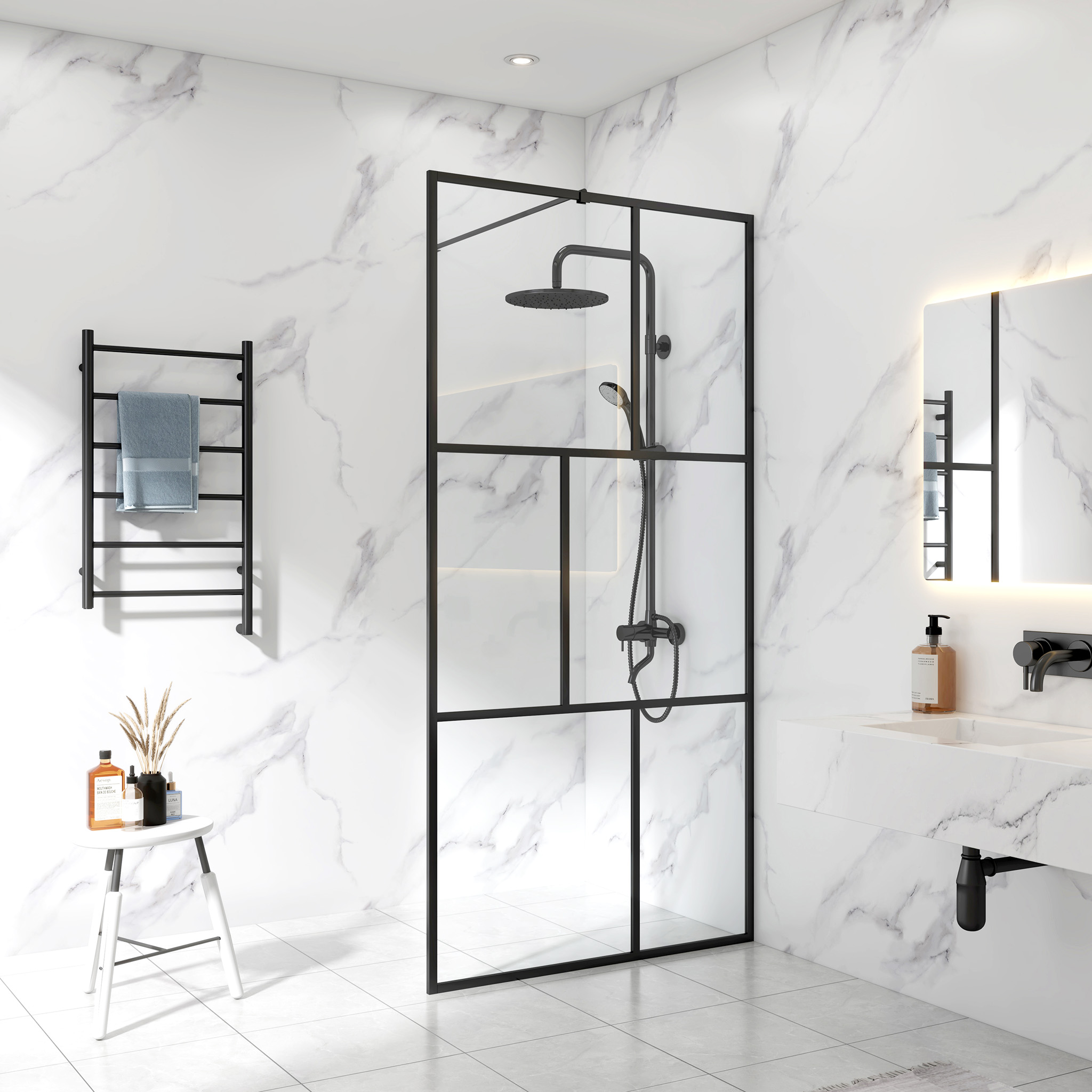 Duschvägg med svart spröjs | Stilren design | 6mm säkerhetsglas Duschvägg med svart spröjs | Stilren design | 6mm säkerhetsglas