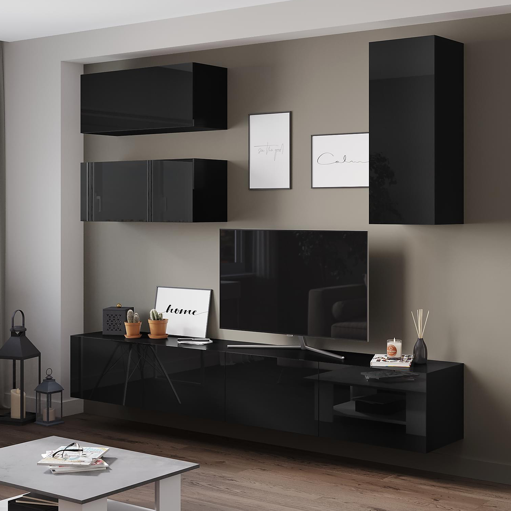 Tv-bänk inkl. hyllor 41x240 cm | Vägghängd | Badachro - Svart Tv-bänk inkl. hyllor 41x240 cm | Vägghängd | Badachro - Svart