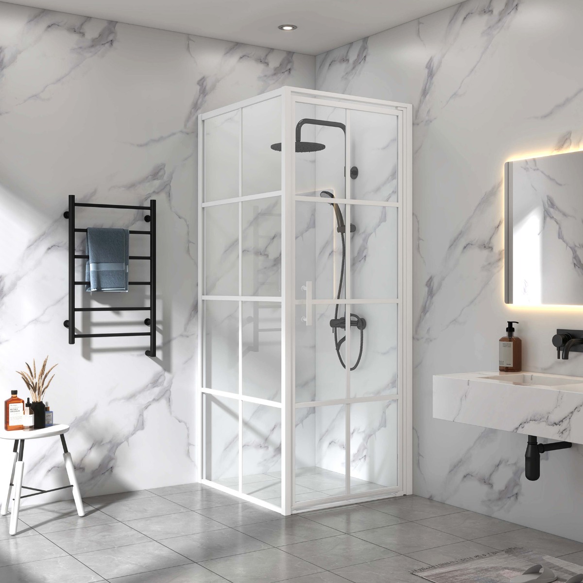 Duschh&ouml;rna 90x90x200cm  6mm s&auml;kerhetsglas  Vita profiler