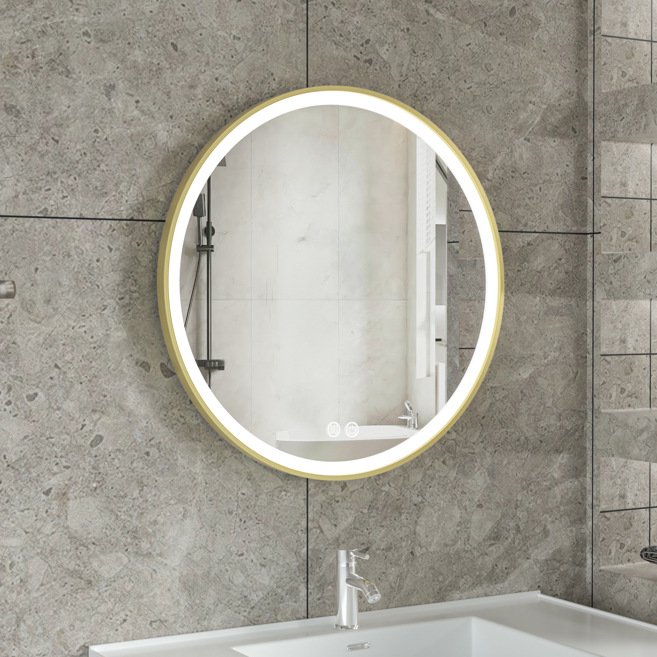 Stilren LED-spegel | 60x60 cm | Guldaluminiumram | Anti-fog & touch-styrning Stilren LED-spegel | 60x60 cm | Guldaluminiumram | Anti-fog & touch-styrning
