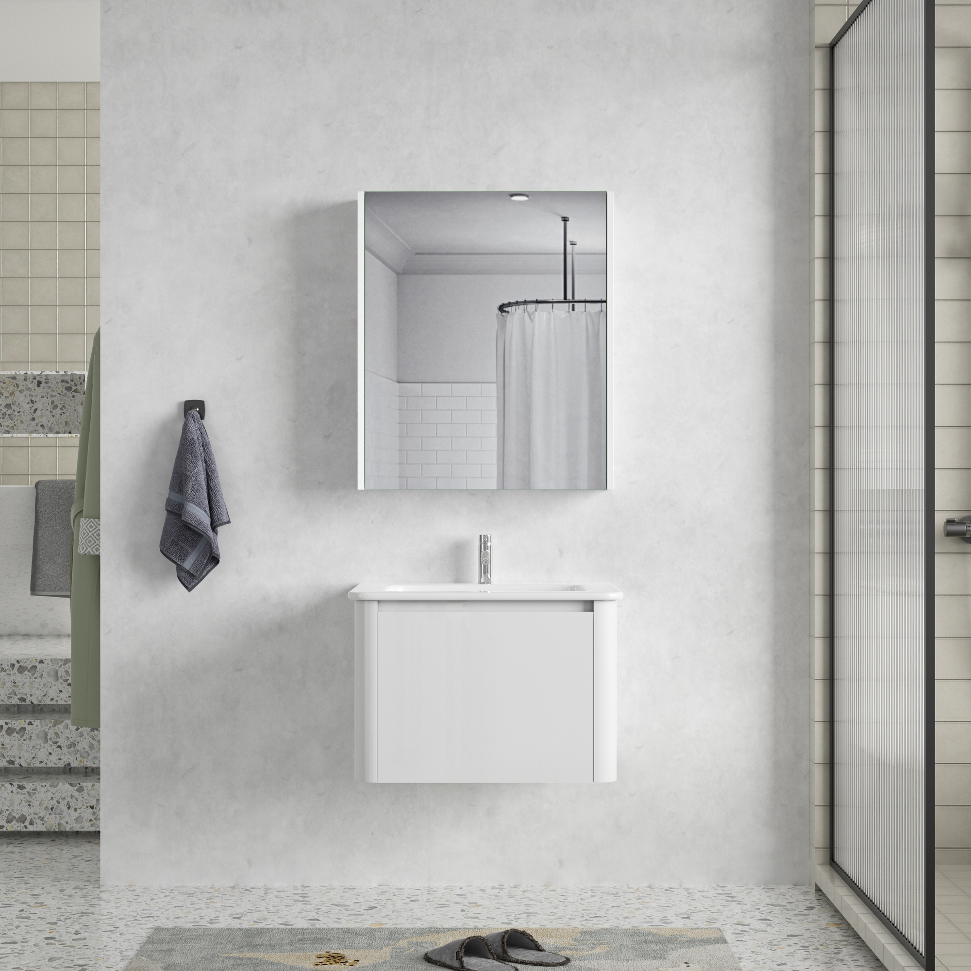 Badrumspaket 60 cm  Kommod & keramiskt tvttstll med spegelskp | Mjukstngning | Vit