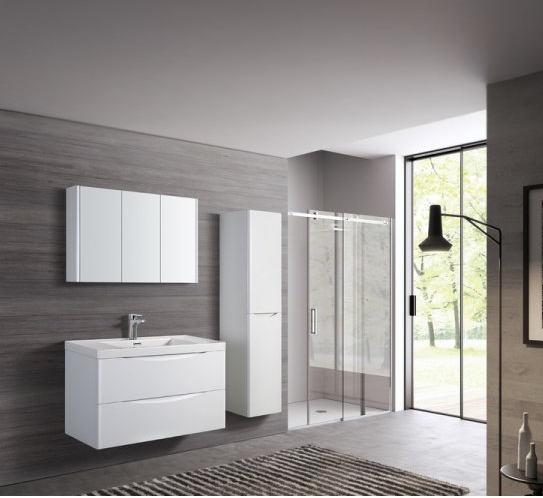 Marina badrumspaket 90 cm  Kommod, Artificiellt stentvttstll, spegelskp & sidoskp | Vit Hgglans | Mjukstngning