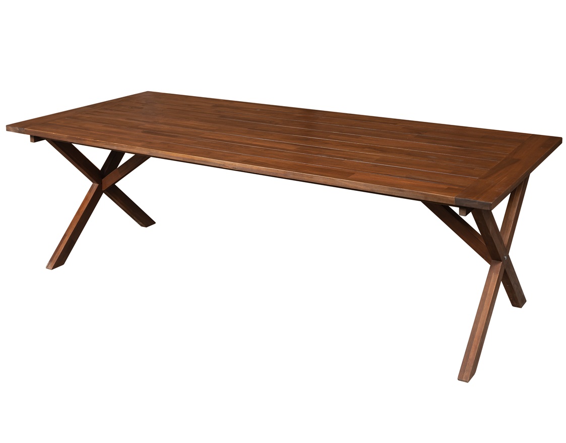 Matbord i brunbetsat tr 220 cm | Robust plankbord med kraftiga kryssben fr uteplats & uterum