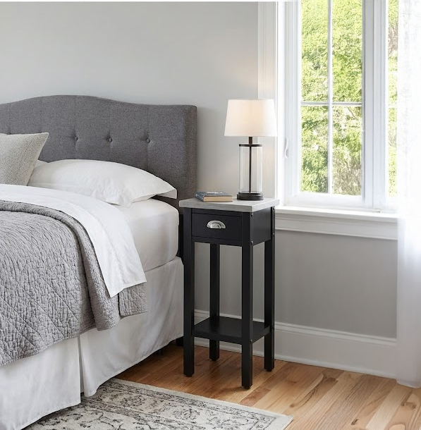 Hugo sngbord  Svart tr & microcement | Stilrent bord med lda och 70 cm hjd