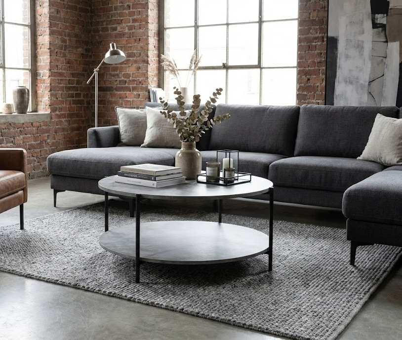 Shanghai Soffbord Ø90 cm – Cementimitation med svart metallram & hylla Shanghai Soffbord Ø90 cm – Cementimitation med svart metallram & hylla