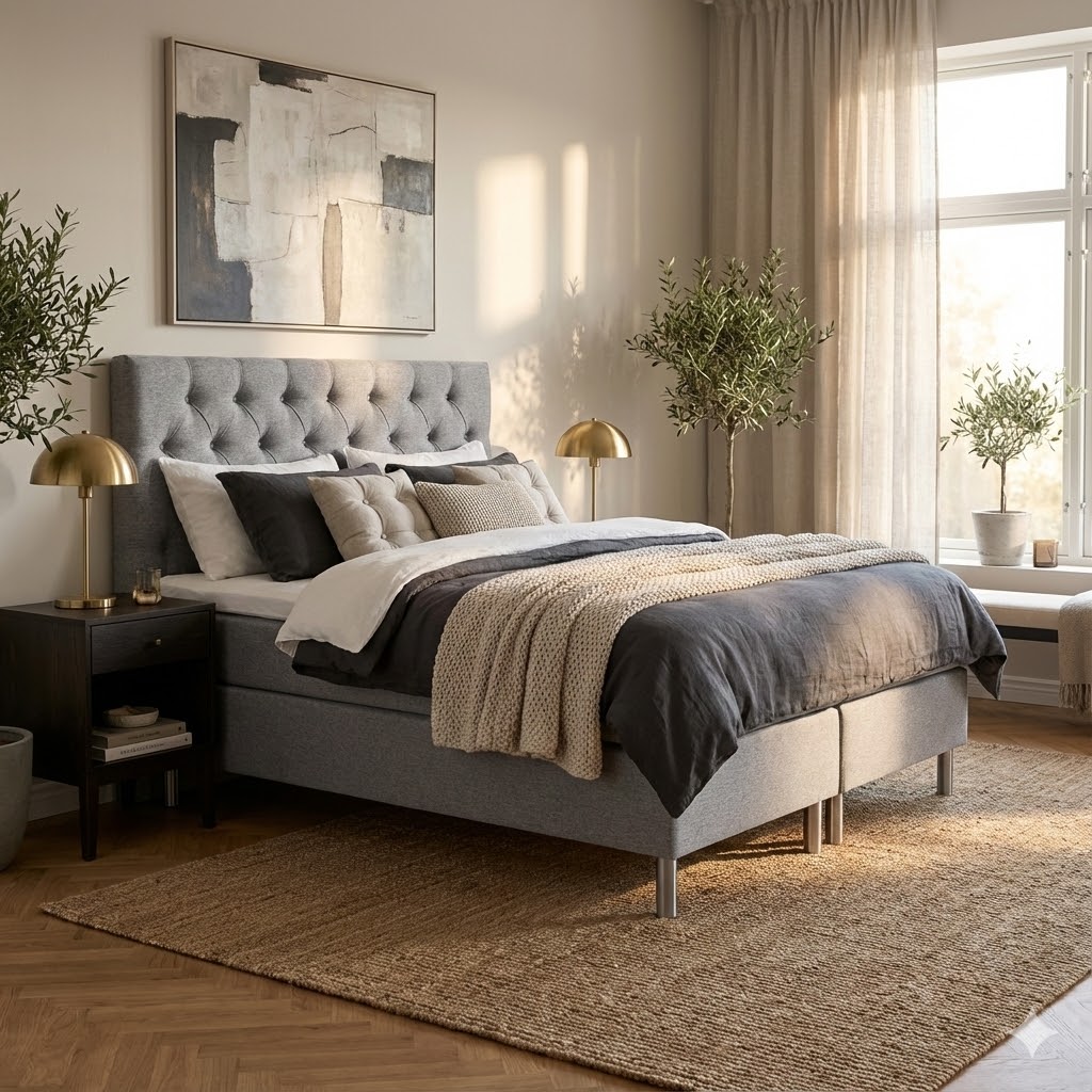 Hilton Kontinentalsng 160200 cm  Beige | 5-zons pocket, bonellbotten & lyxig pikerad bddmadrass