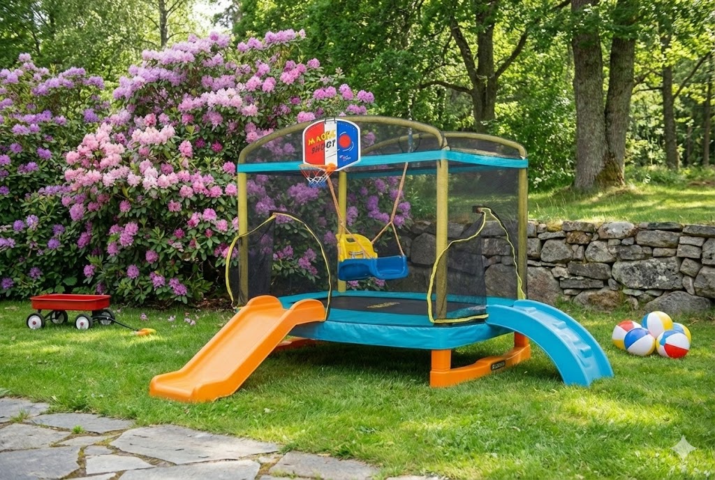 Rektangul�r studsmatta 180�130 cm � PE-s�kerhetsn�t, 32 fj�drar & stabil st�lkonstruktion