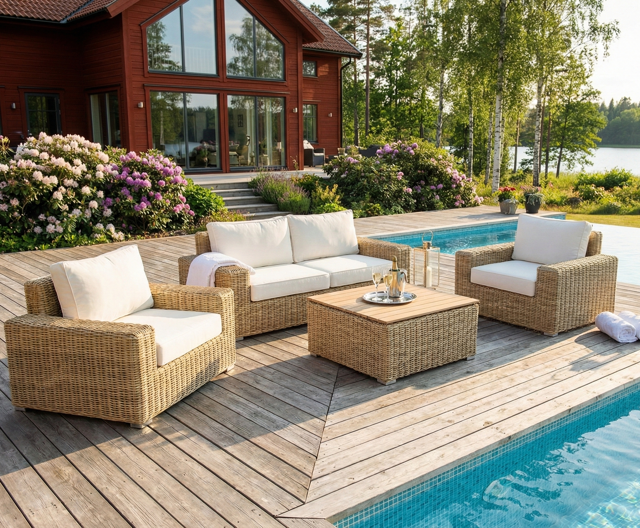 Loungegrupp i rotting | Soffa, f�t�ljer & bord | Dynor ing�r | Solena premium