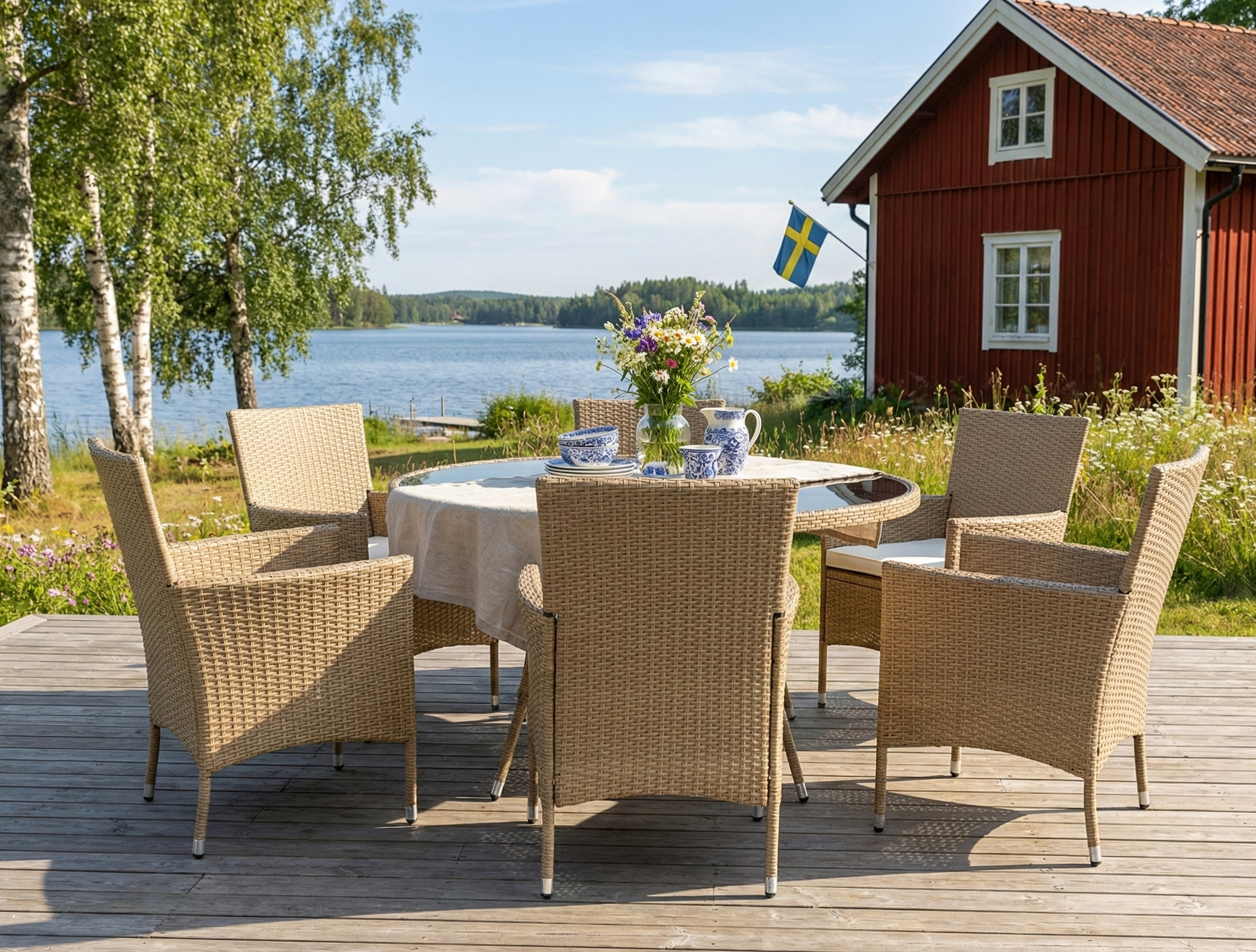 Matgrupp Tyl�sand Natur � 6 platser | Runt bord �135 cm & 6 stolar med dynor