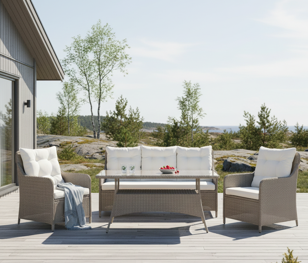 Loungegrupp utem�bler | Beige konstrotting | R�grund