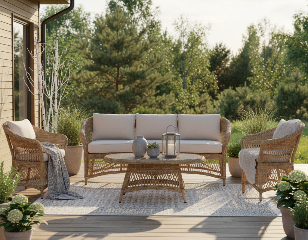 Loungegrupp i naturf�rgad konstrotting | 4-delad med soffa, f�t�ljer & bord | �ngs�