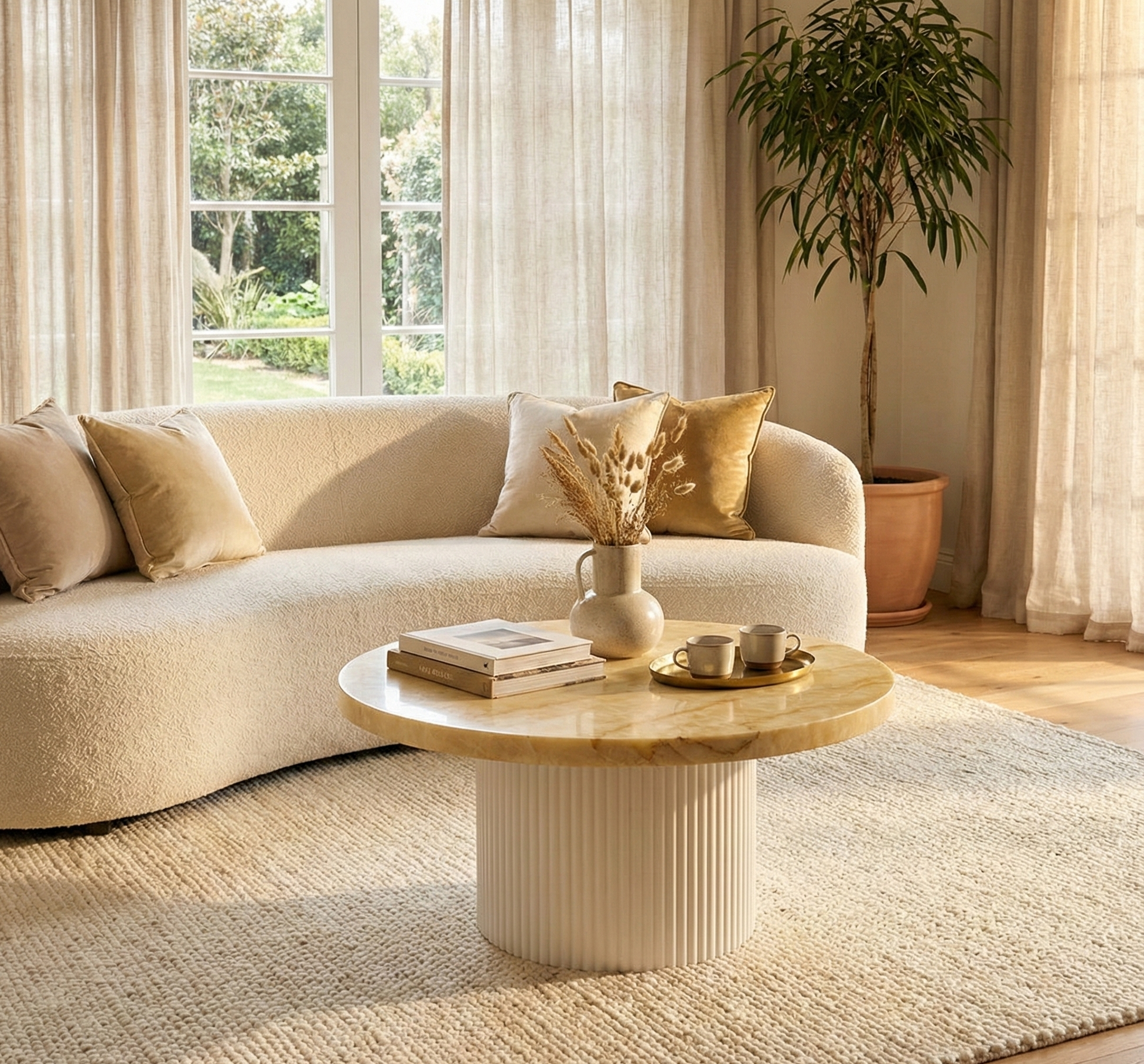 Runt soffbord i travertin-look | �80 cm | Lax�