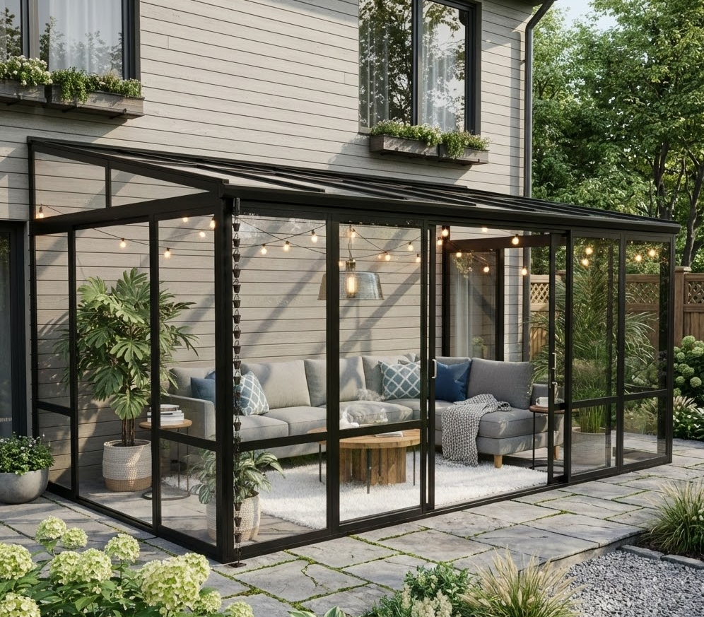 Uterum 14,8m² | Säkerhetsglas och kanalplast | Aluminiumstomme | Svart Uterum 14,8m² | Säkerhetsglas och kanalplast | Aluminiumstomme | Svart