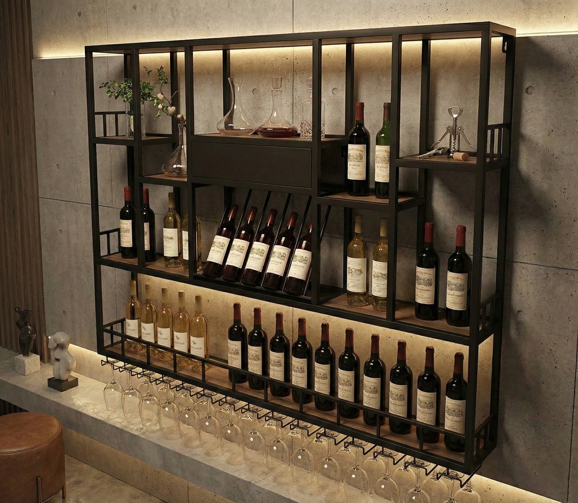 Vägghängd barhylla i svart metall | Vin, glas & flaskförvaring | 150 × 120 cm Vägghängd barhylla i svart metall | Vin, glas & flaskförvaring | 150 × 120 cm