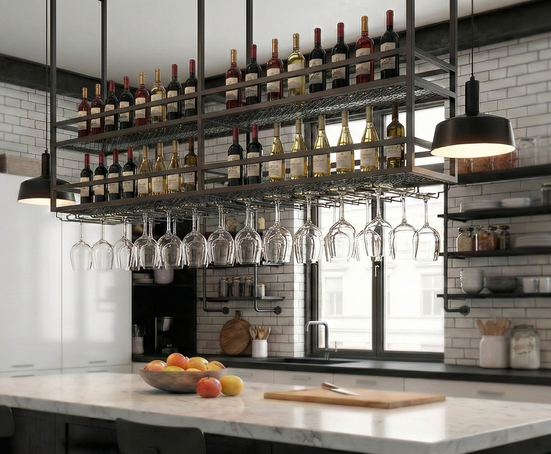 takhängd vinhylla för köksö  vin & glashållare  160×30 cm  svart