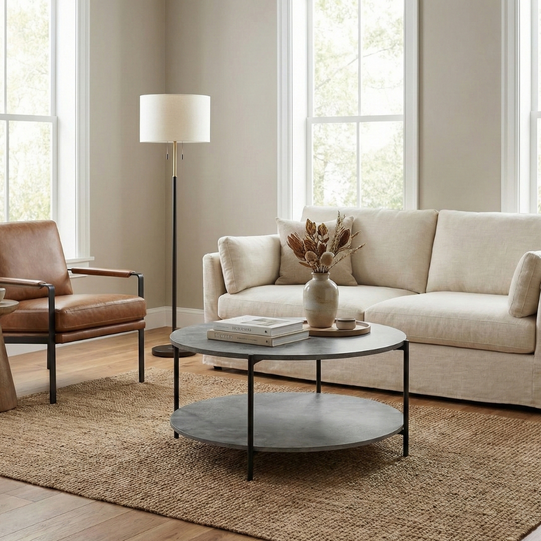 Soffbord Ø90 cm | Cementimitation med svart metallram & hylla | Shanghai Soffbord Ø90 cm | Cementimitation med svart metallram & hylla | Shanghai