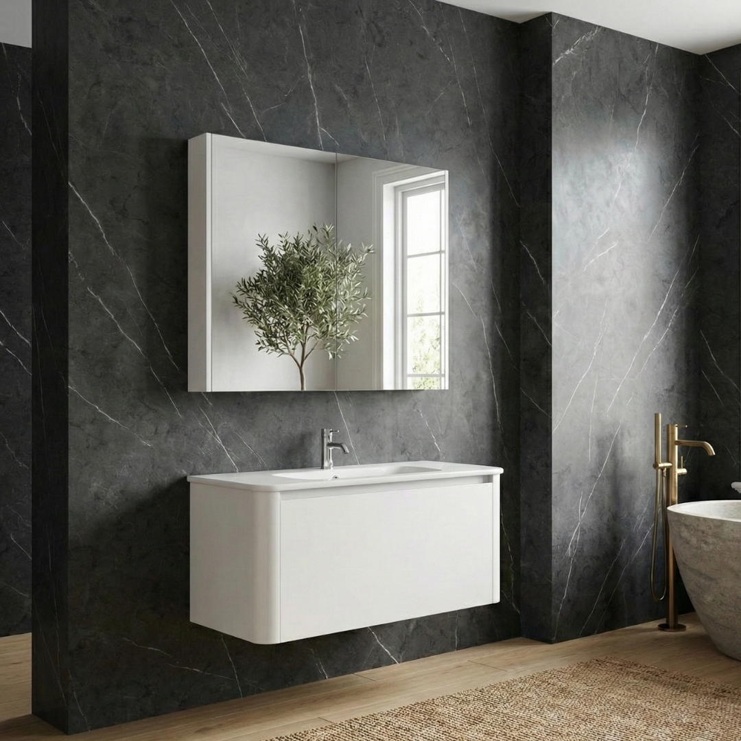 Badrumspaket 80 cm  Kommod & keramiskt tv&auml;ttst&auml;ll med spegelsk&aring;p  Mjukst&auml;ngning  Modern design