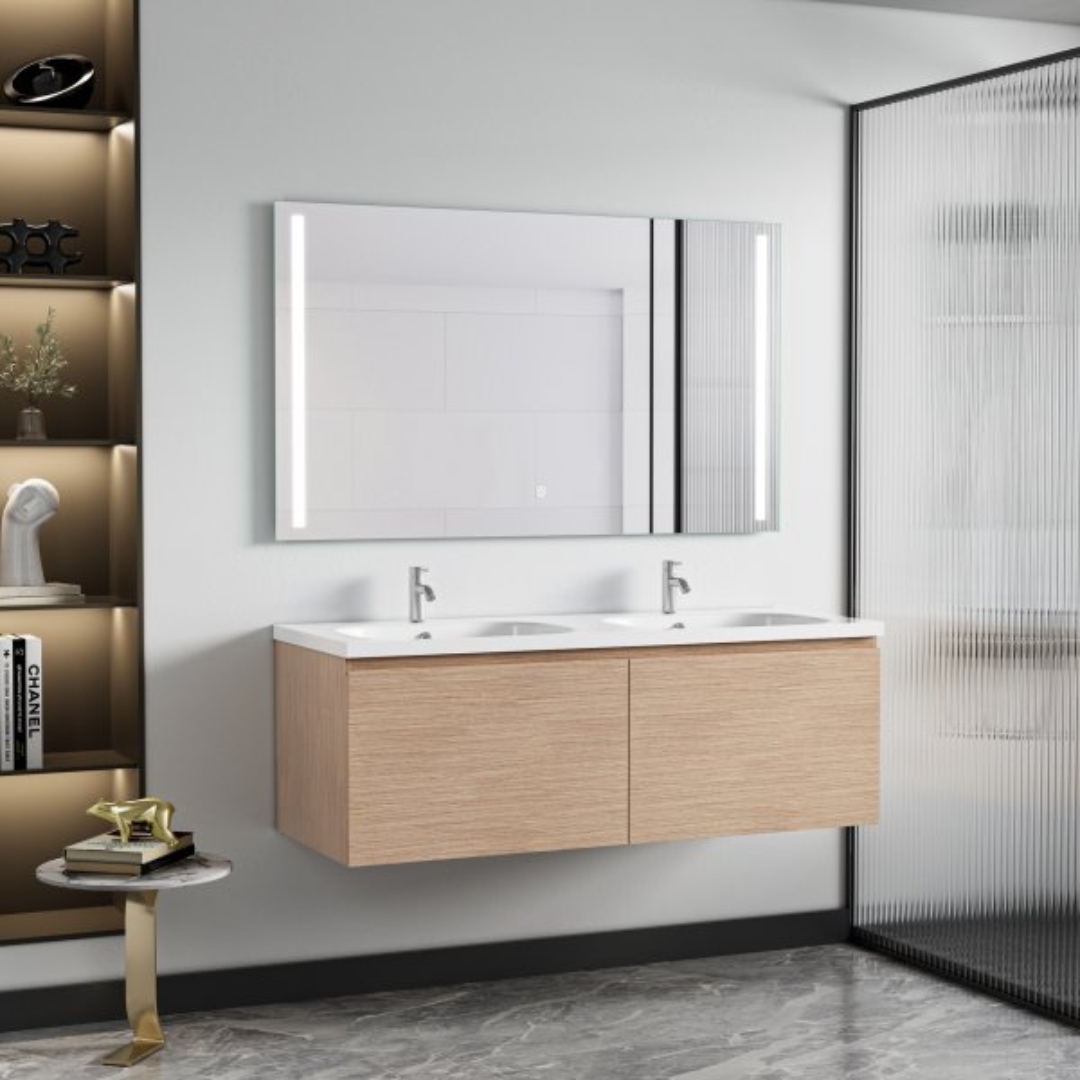 Siena Badrumskommod 120 cm  Dubbla Tv&auml;ttst&auml;ll  LED-spegel  V&auml;ggh&auml;ngd  Mjukst&auml;ngning