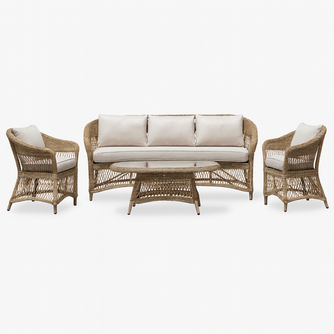 Loungegrupp i naturf�rgad konstrotting | 4-delad med soffa, f�t�ljer & bord | �ngs�