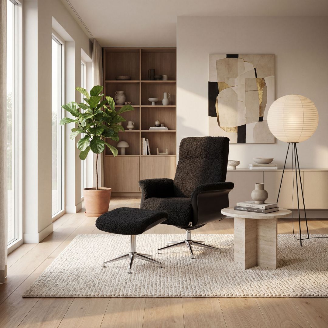 hagön fåtölj med fotpall  antracit teddy, recliner & snurrstativ  lyxig komfort och modern design