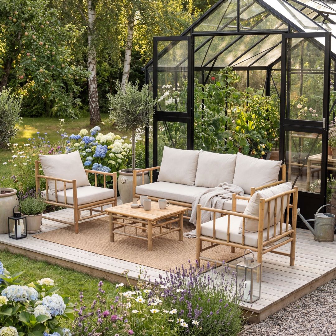 Loungegrupp/soffgrupp i bambu | Dynor med avtagbar kl�dsel | Lov�n