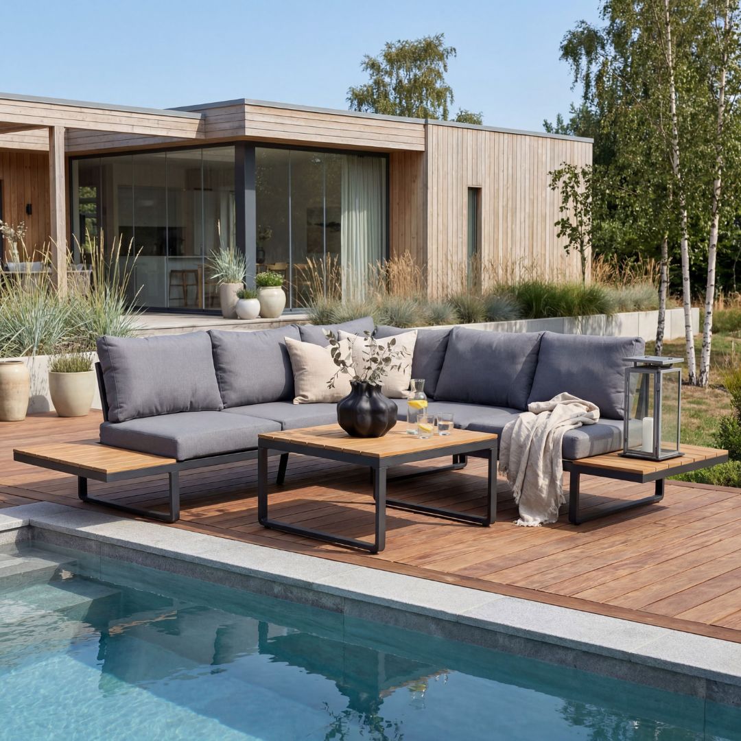 Skara loungegrupp f�r uteplats | H�rnsoffa med bord i aluminium & polywood | V�dert�lig utegrupp med ljusgr� dynor