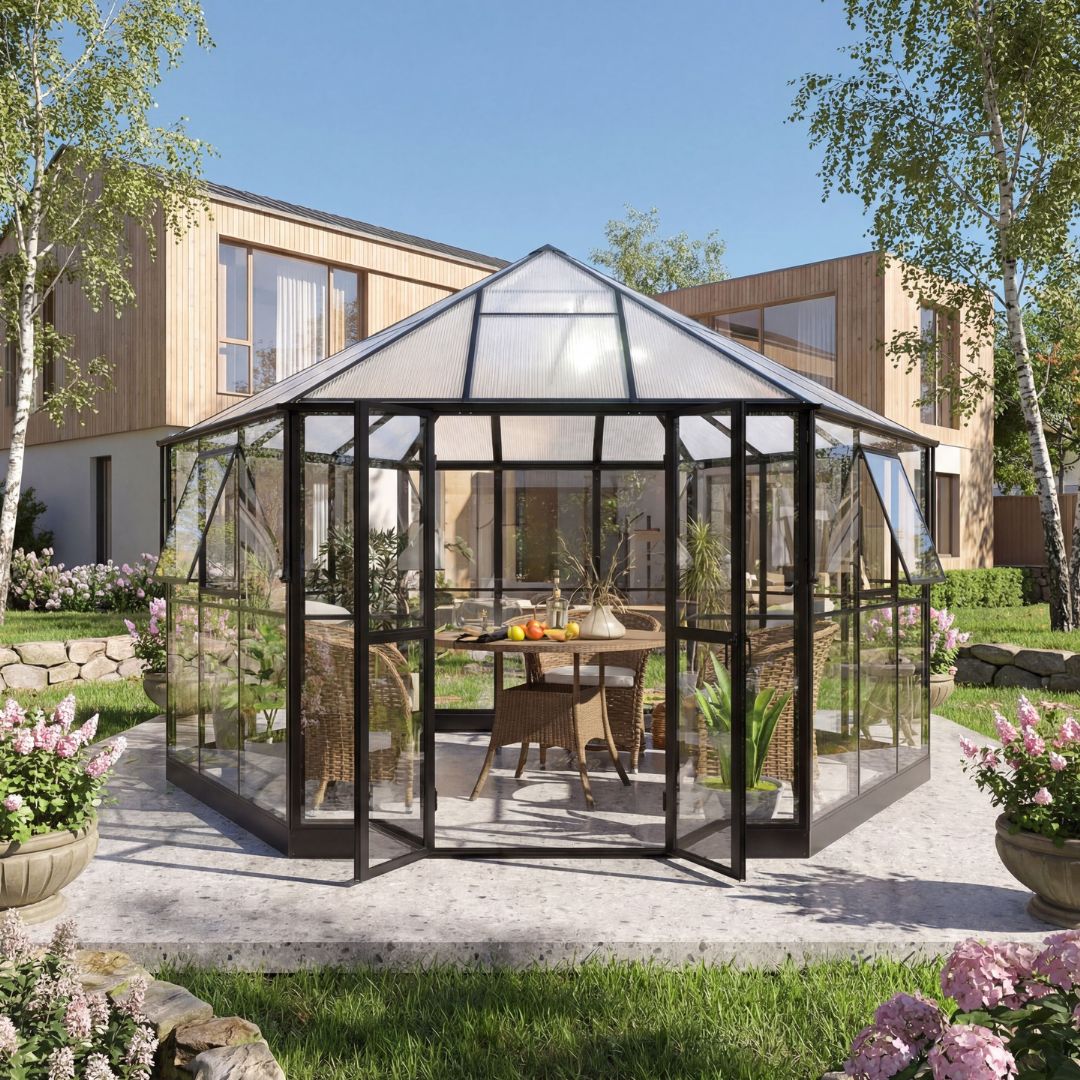 gazebo 12,7m² stort premiumväxthus stormgaranti 4 mm säkerhetsglas