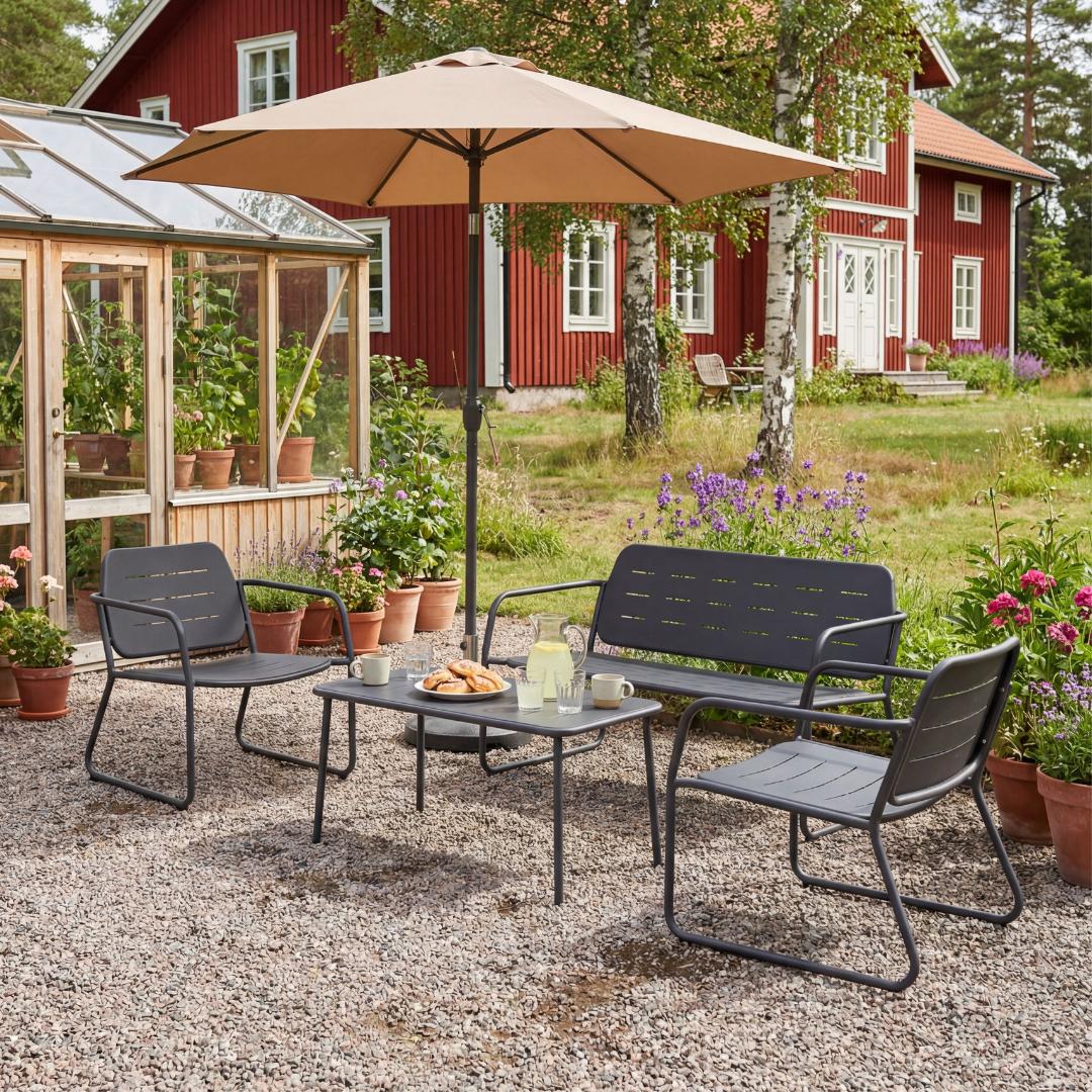 Loungegrupp i stål | Svart loungeset med bord, stol och bänk | Isac Loungegrupp i stål | Svart loungeset med bord, stol och bänk | Isac