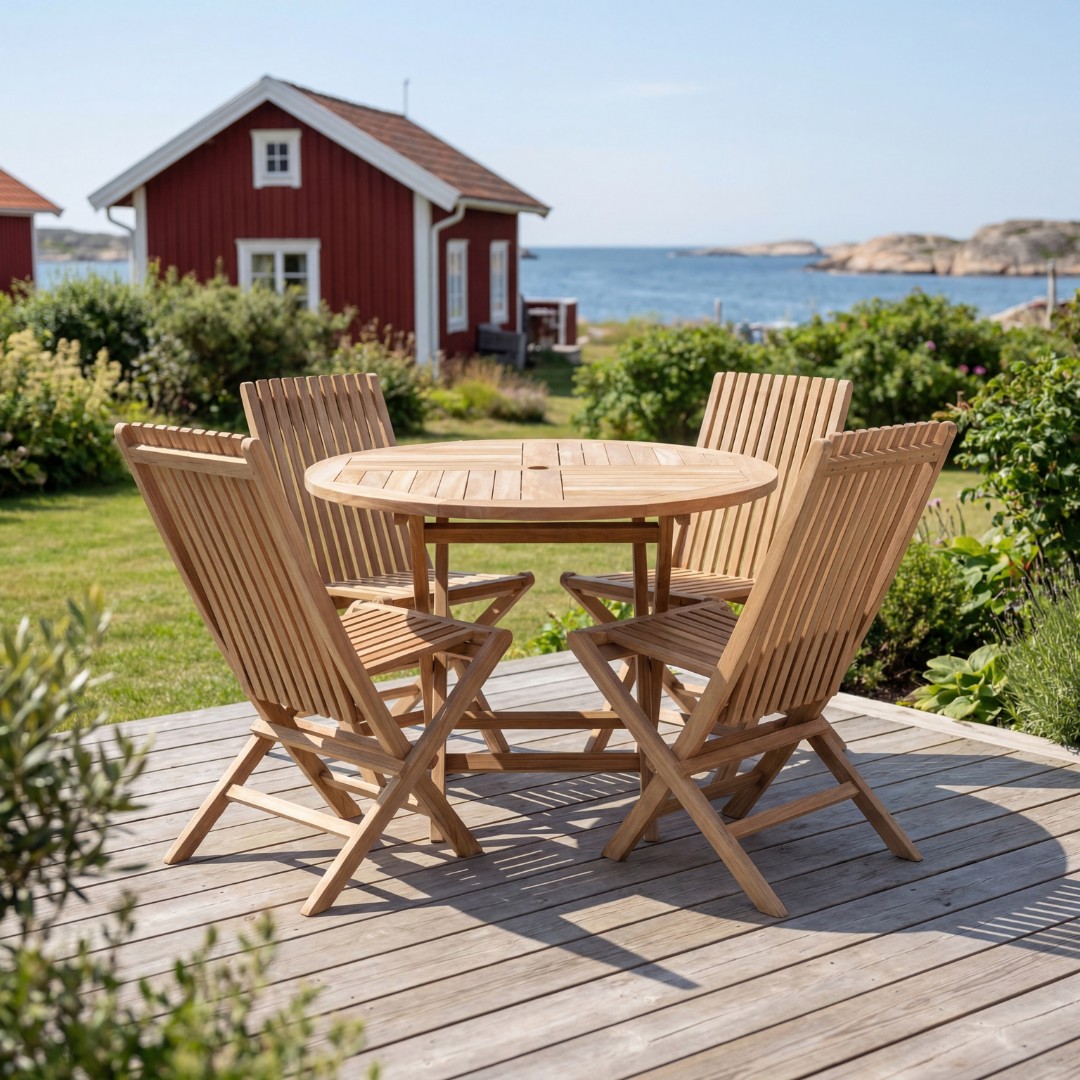Runt utebord i premiumteak | 4 stolar |�Lyfco Sm�gen