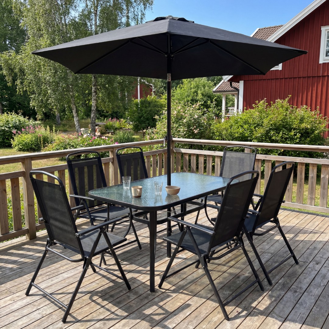 V�xj� utegrupp komplett med bord | 6 positionsstolar och parasoll | Svart|
