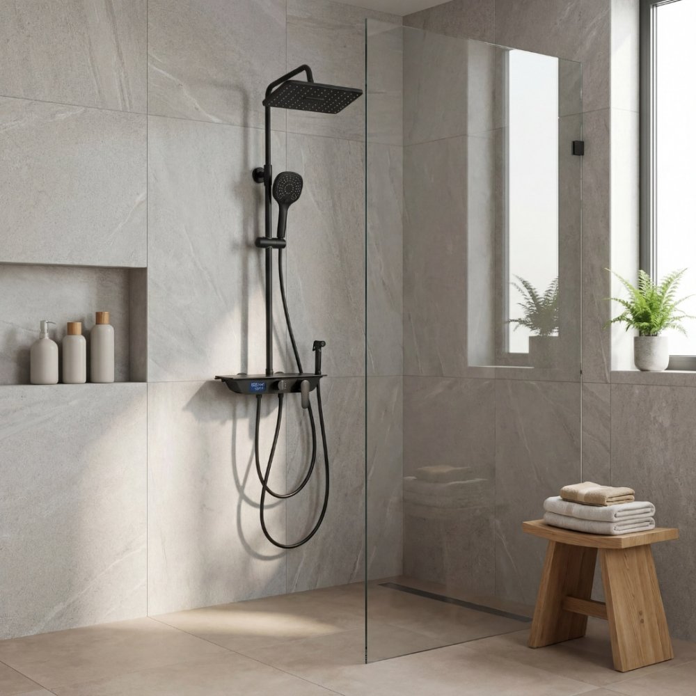 Takduschset med LED-display  Svart