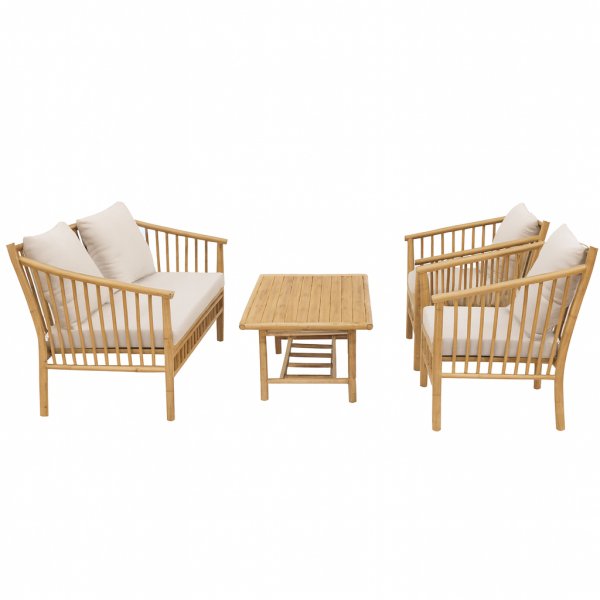 Bambu loungegrupp utomhus | Soffa, 2 ftljer & bord i naturmaterial