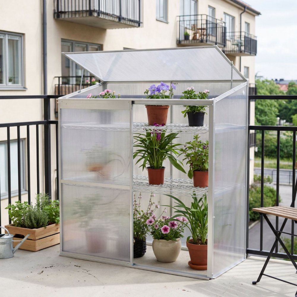 V&auml;xthus f&ouml;r balkong  Kanalplast  129x58x140 cm  Aluminiumram  Perfekt f&ouml;r dig med litet utrymme, t.ex p&aring; balkong