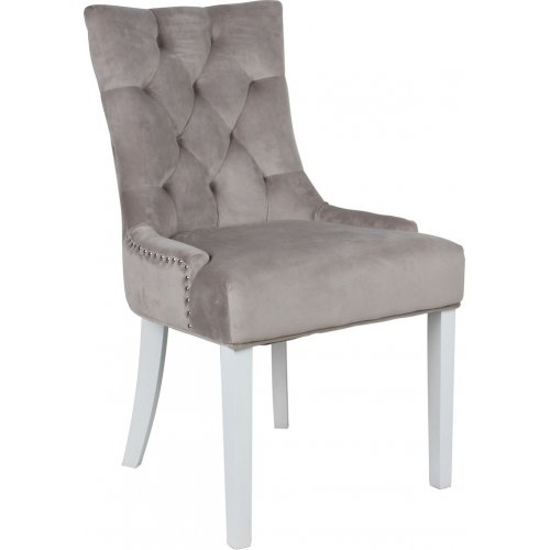 tuva matstol beige sammet  lyxig stol med ring-handtag, kromade nitar och vita ben