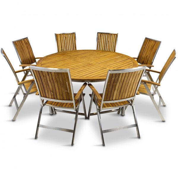 Stor rund trdgrdsgrupp i teak / rostfritt stl | Bord & 8 positionsstolar