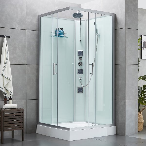 Stilren duschkabin med akrylkar och ryggmassage