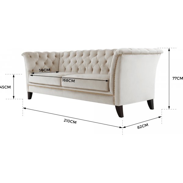 Chesterfieldsoffa 3-sits | Beige sammet, kallskum & avtagbar kl�dsel | Milton
